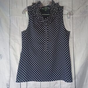 J.Crew Navy and White Polka Dot Ruffle Neck Sleeveless Top